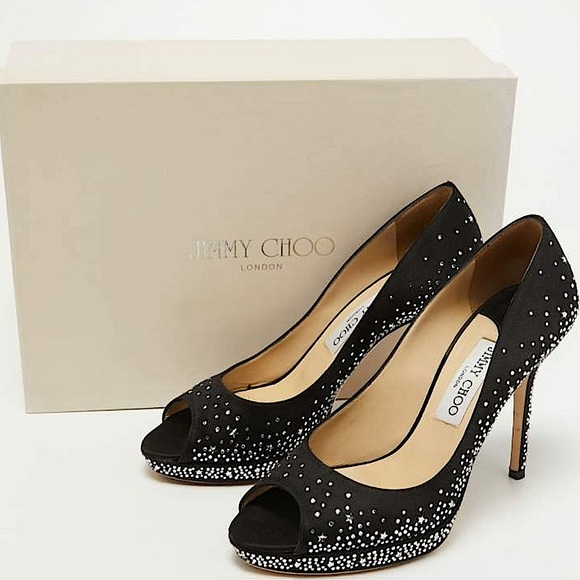 $1385 JIMMY CHOO “THE DALI Swarovski Jewel Platform Satin Peep Heels 37.5 NWT - Picture 1 of 16